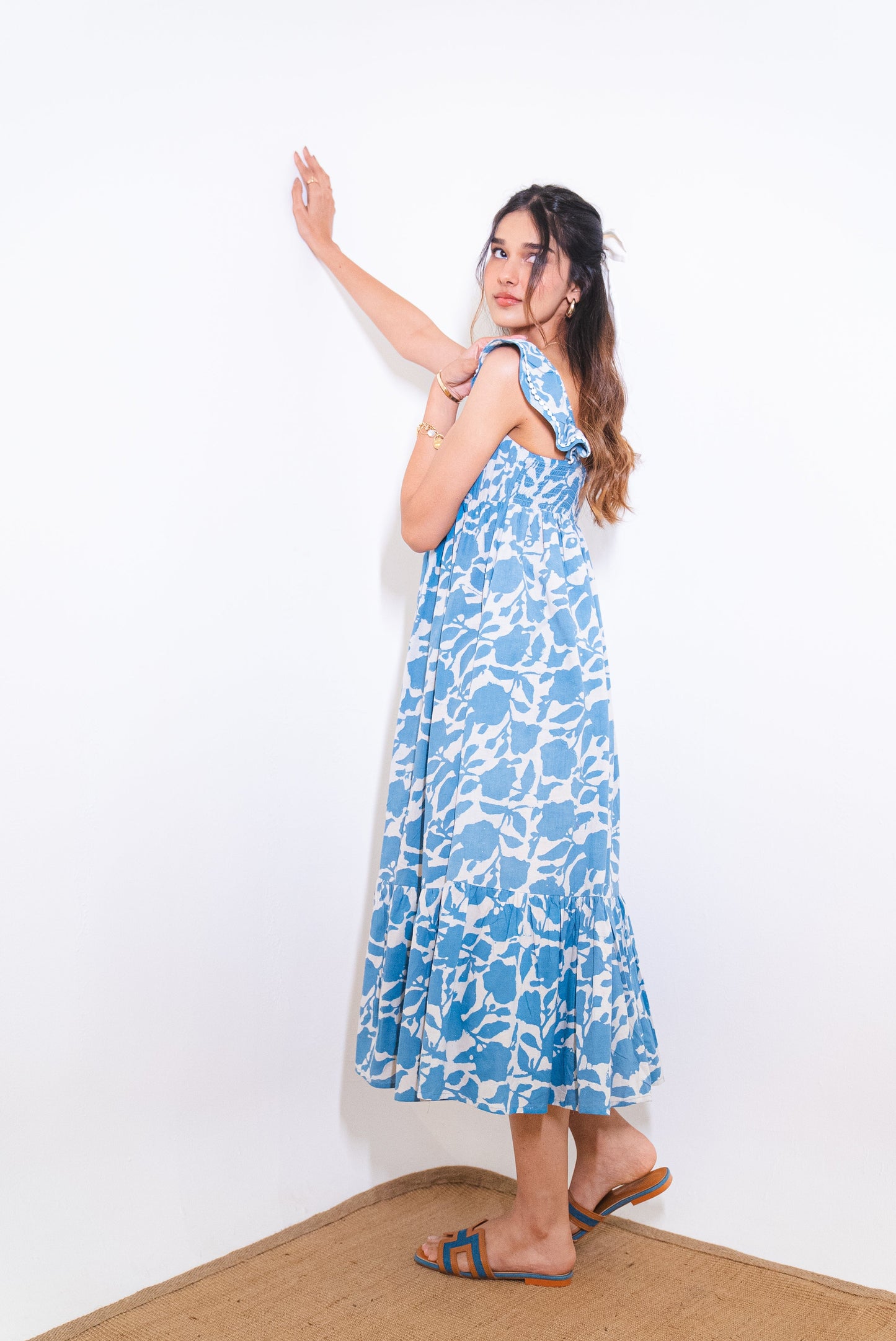 Powder Blue Floral Hand-Block Printed Cotton Maxi Dress with Pocket