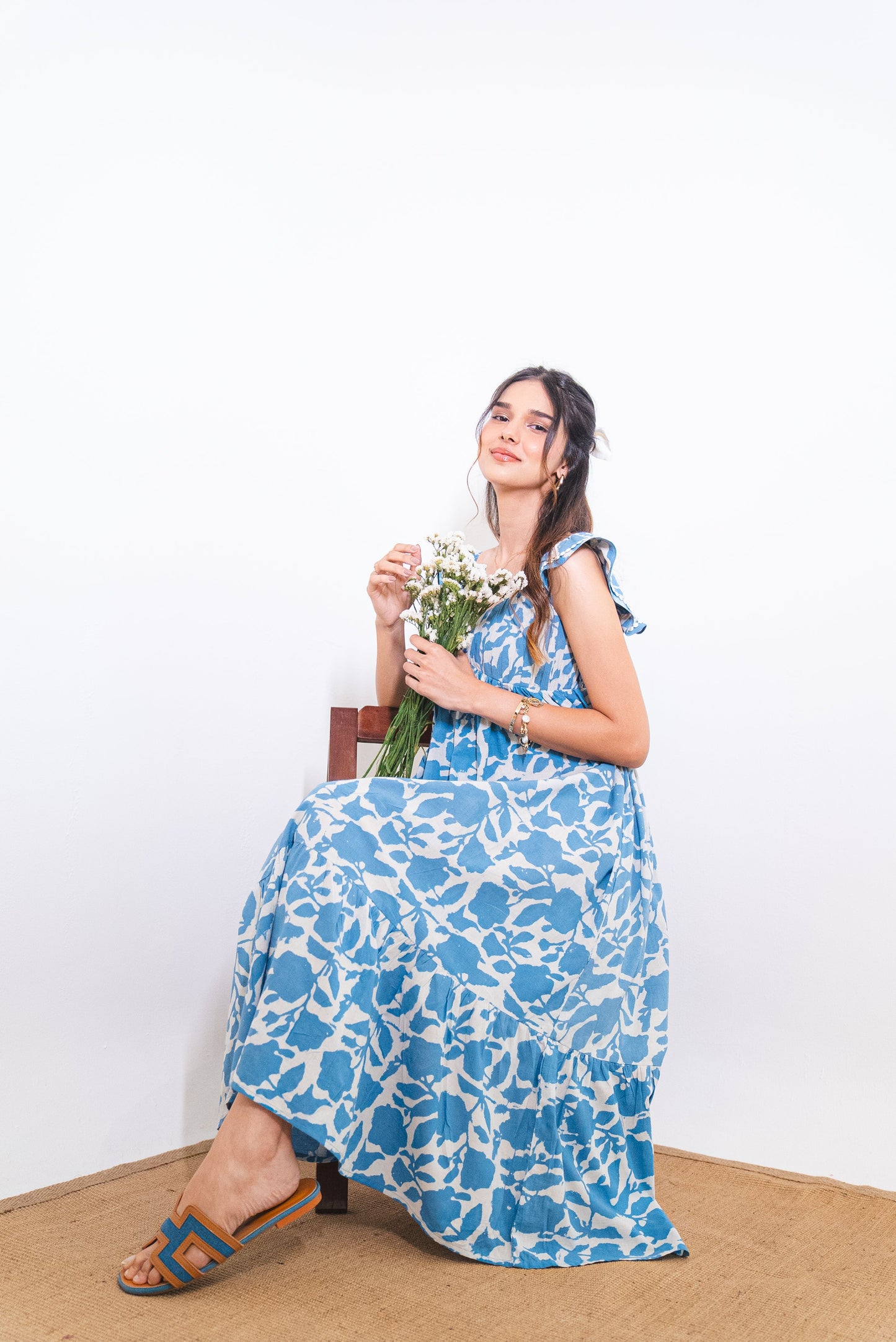 Powder Blue Floral Hand-Block Printed Cotton Maxi Dress with Pocket