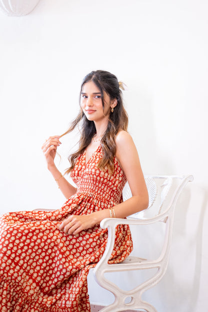 Maroon Floral Cotton Halter Sundress with Pocket