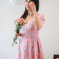 Pink with Blue Floral V-Neckline Dress with Sleeves