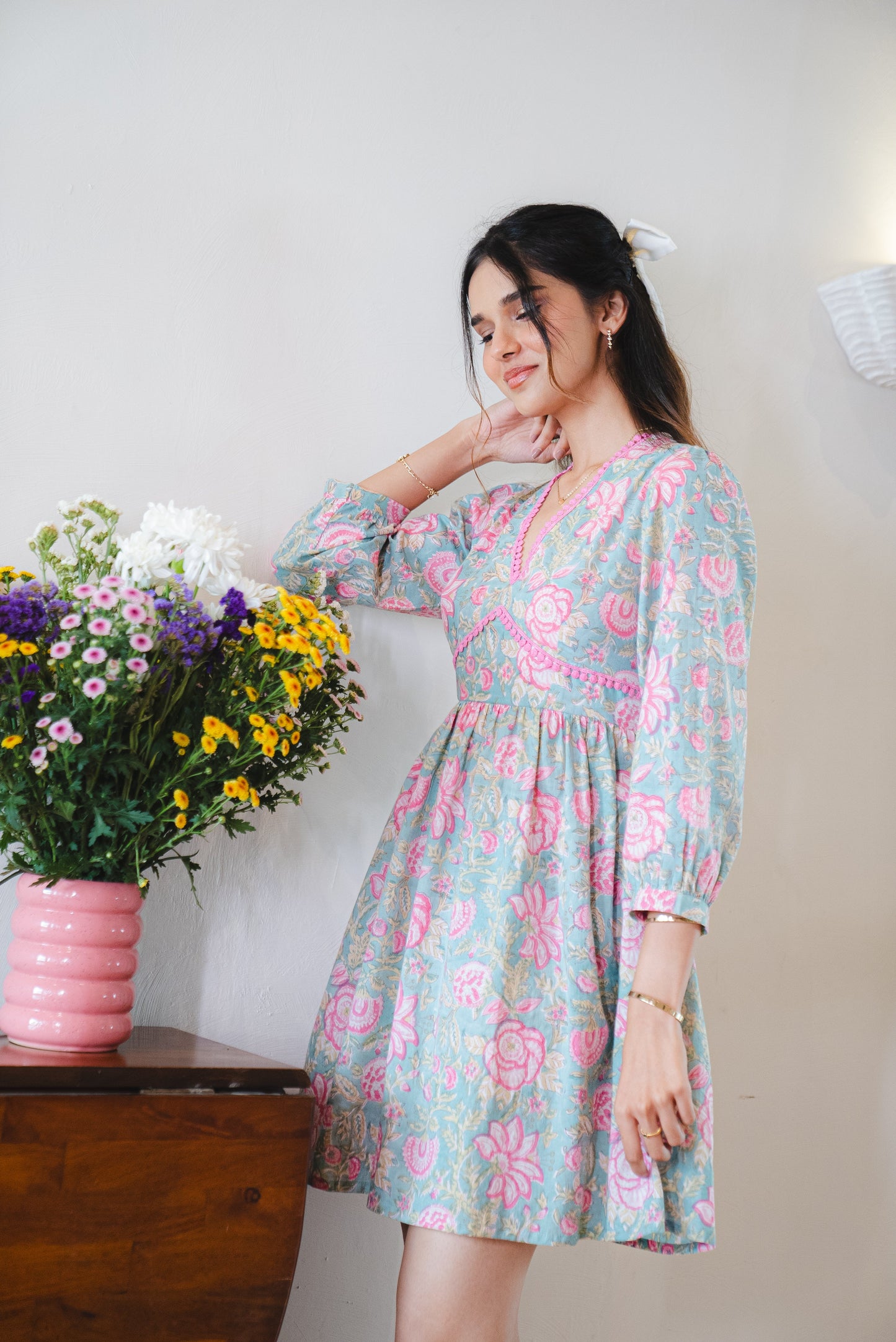 Floral Print Cotton Dress with Sleeves and Back Bow Tie-up with Pocket