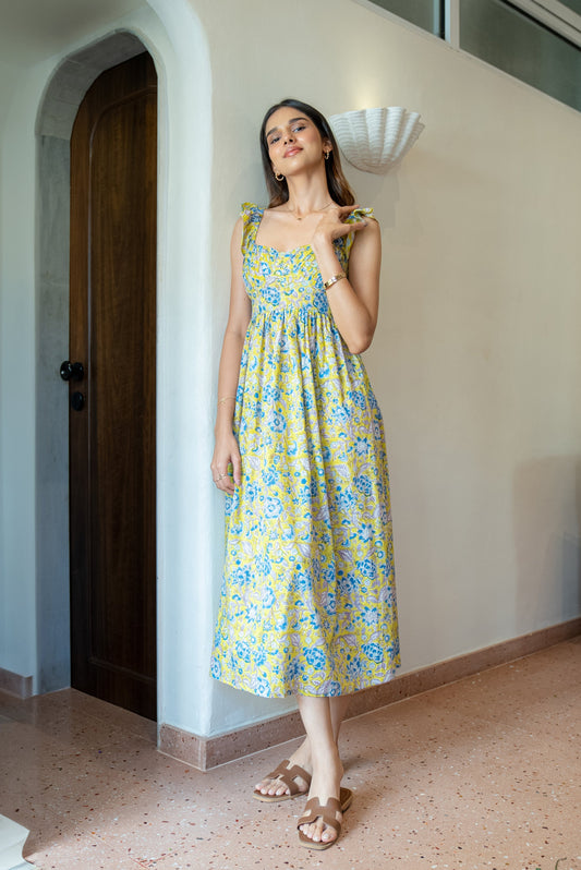 Yellow and Blue Floral Hand-Printed Cotton Maxi Dress with Pocket