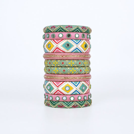 Tritha Green & Pink Mirror Work Bangle Set