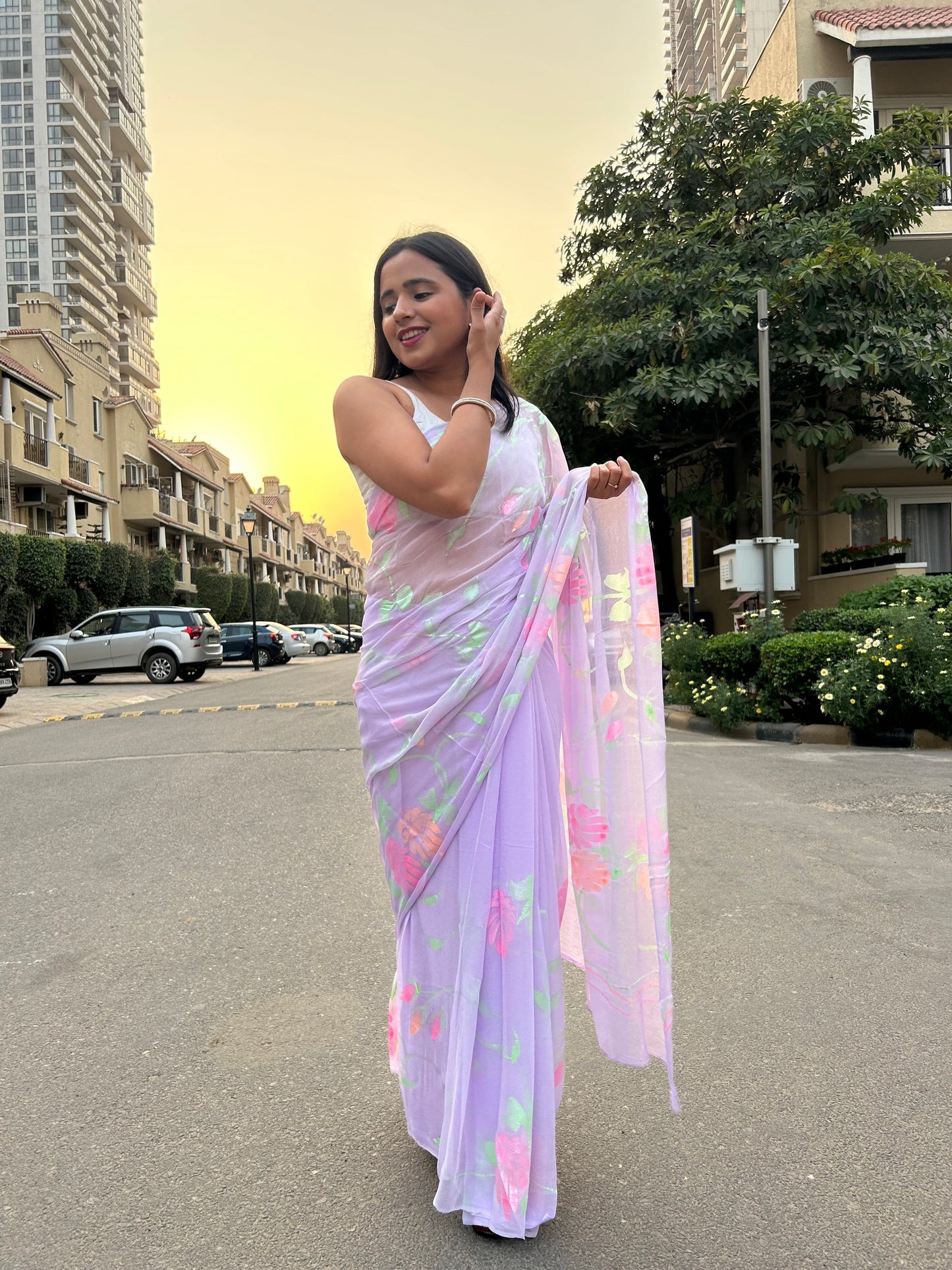 Gulabo Handpainted Chiffon Saree