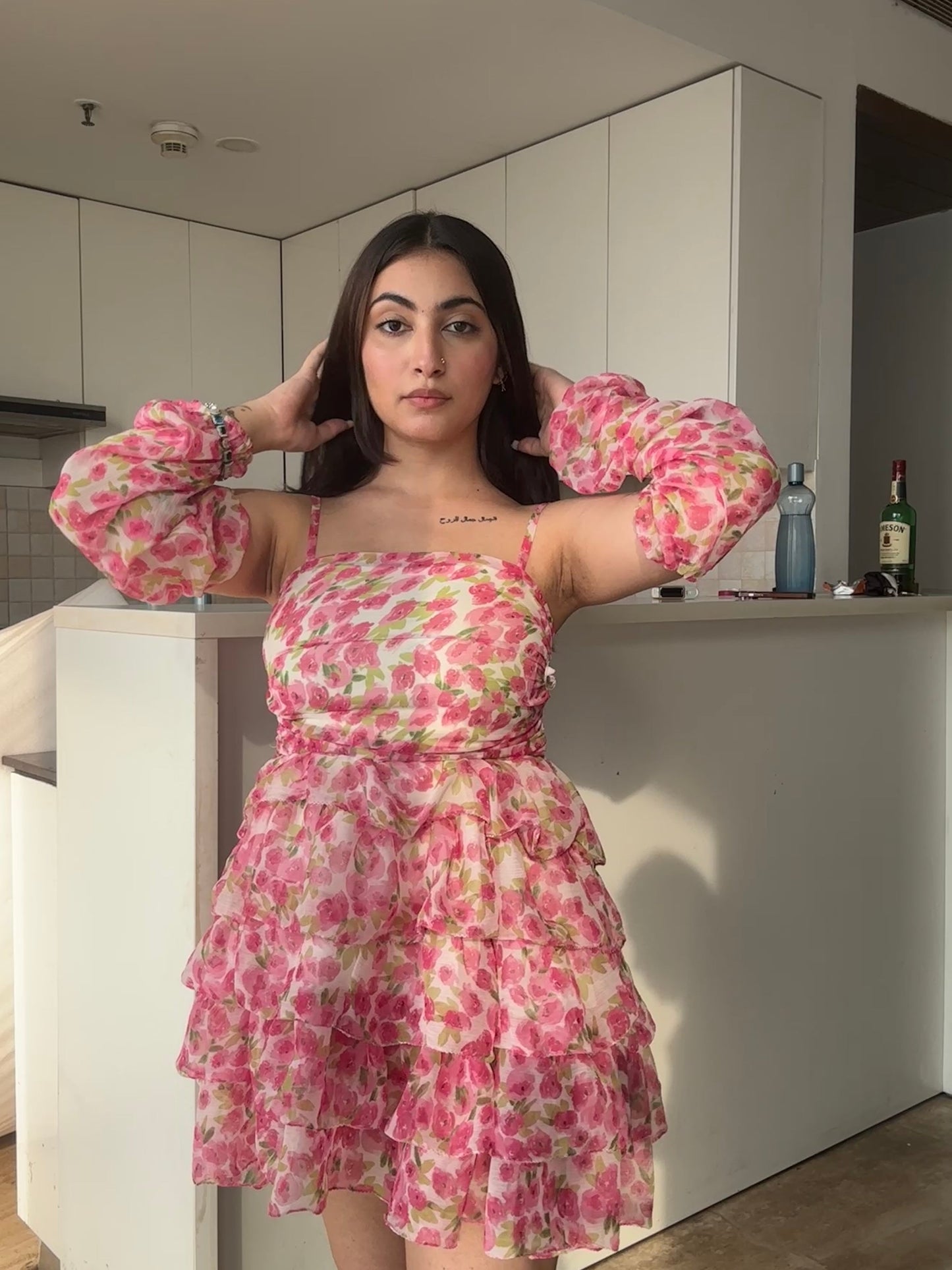 Peony Puff Flare Dress With Detachable Puff Sleeves