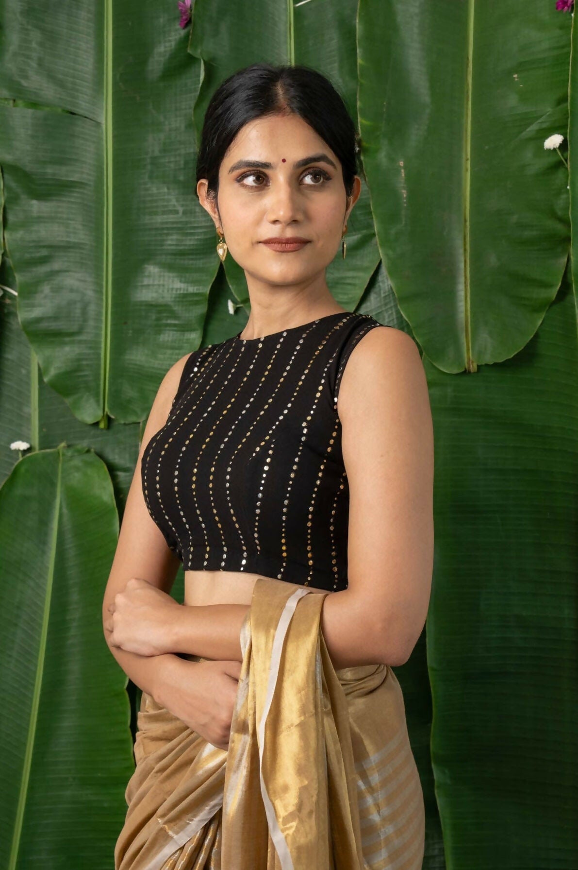 Raina Black Georgette Sequins Sleeveless Back Open Blouse