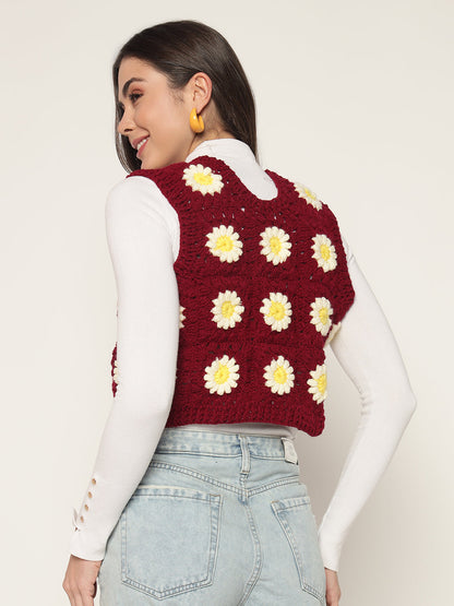 Maroon Cropped Daisy Vest