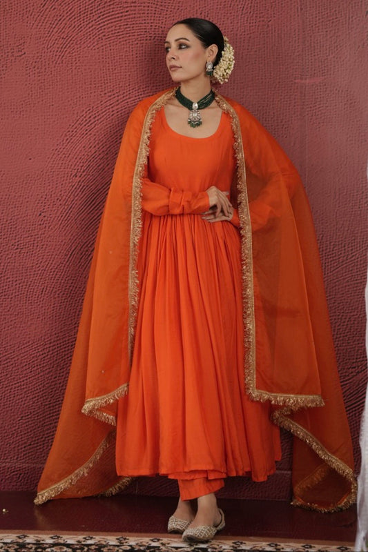 Chaand Orange Chanderi Aariwork Anarkali Suit Set