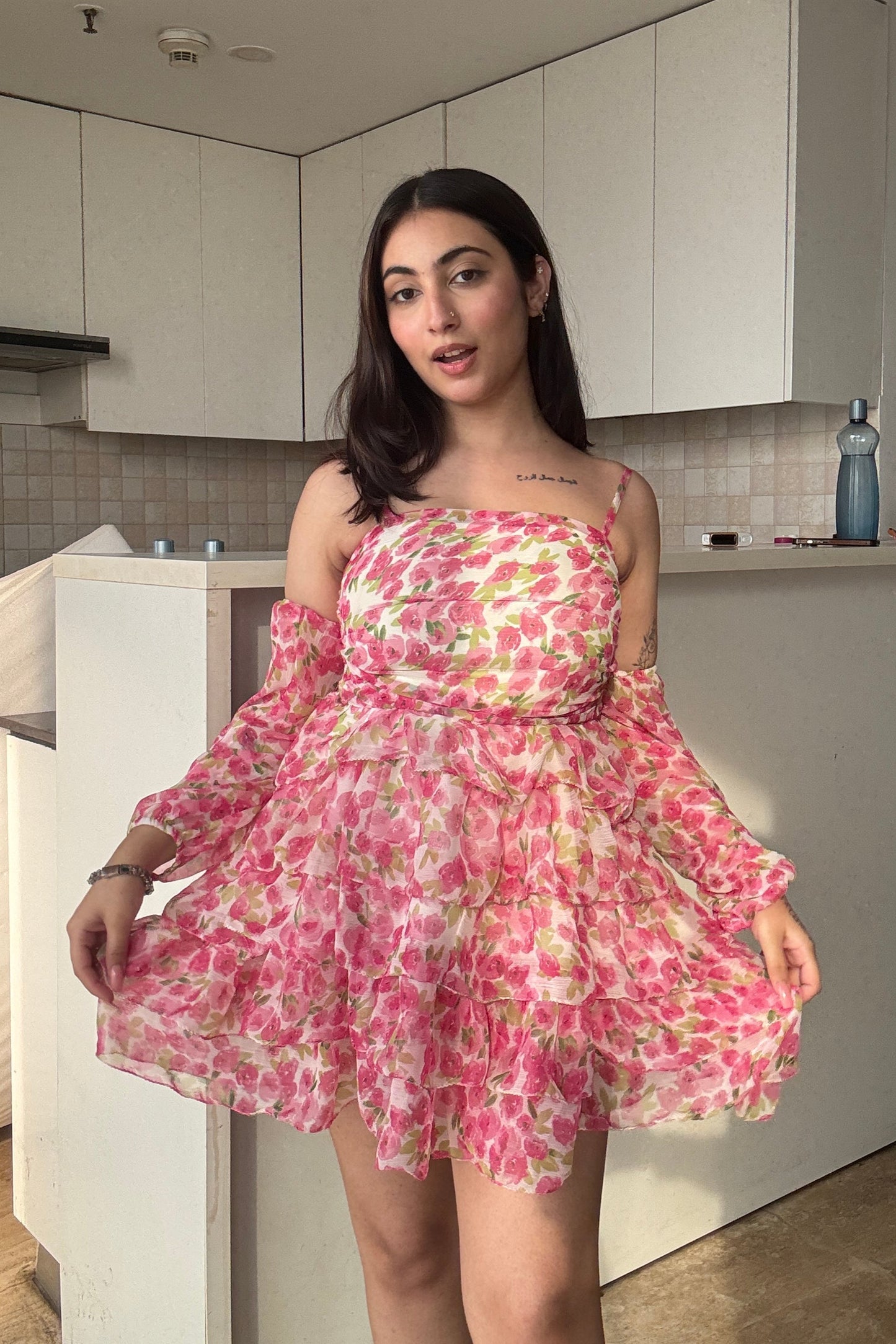 Peony Puff Flare Dress With Detachable Puff Sleeves