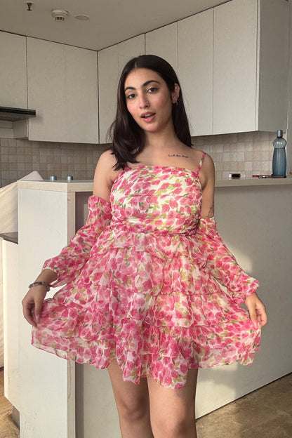 Peony Puff Flare Dress With Detachable Puff Sleeves