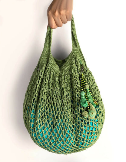 Coral Reef Fishnet Shoulder Bag with Bird Tassel ~ Green