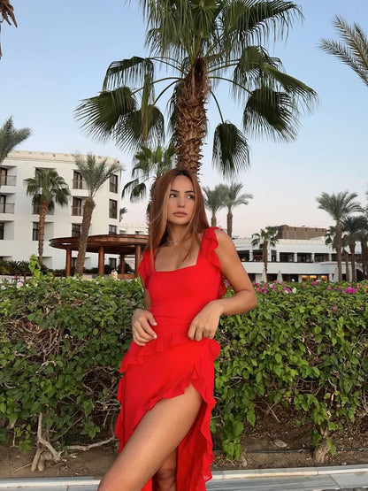 Ruffle Red Side Slit Dress