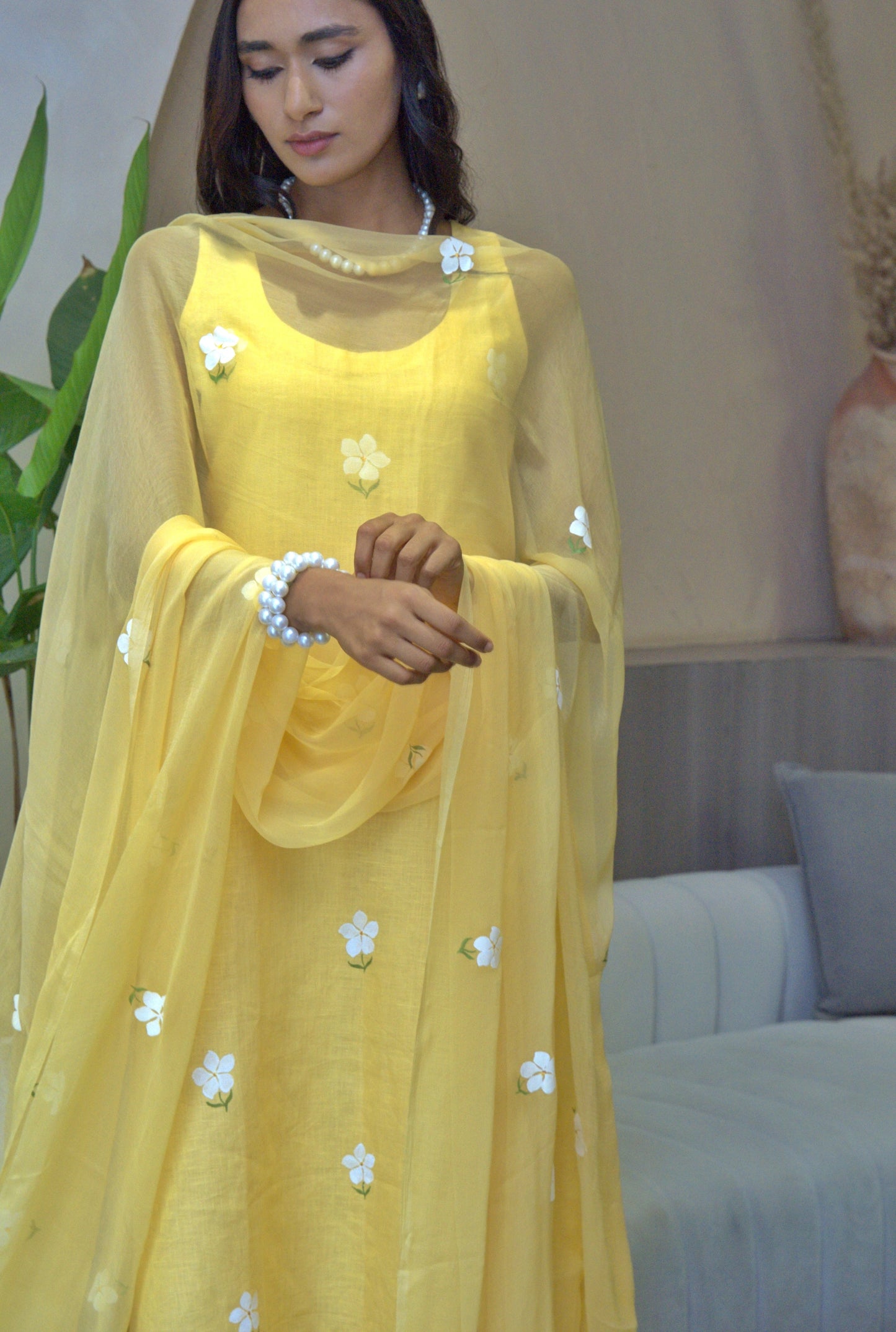 Handpainted Flora Kurta Set in Yellow
