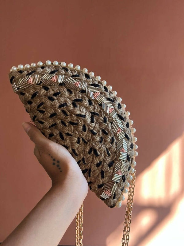 Naked Jute with Bugle Beads Half Moon Clutch