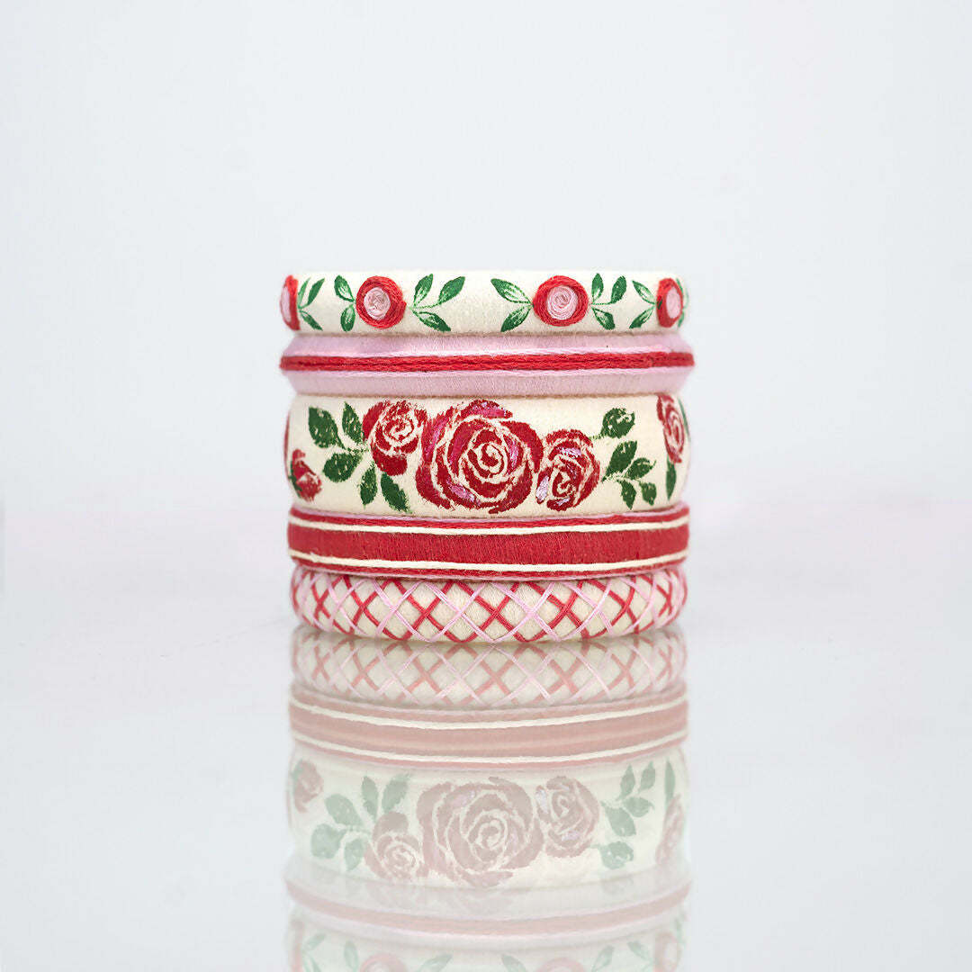 Roza Handpainted Red Rose Cotton Thread Bangle Set