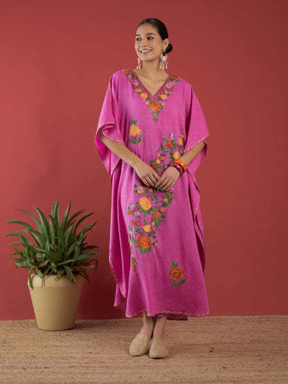 Bubblegum Pink Aari Embroidered Kashmiri Kaftan - Long