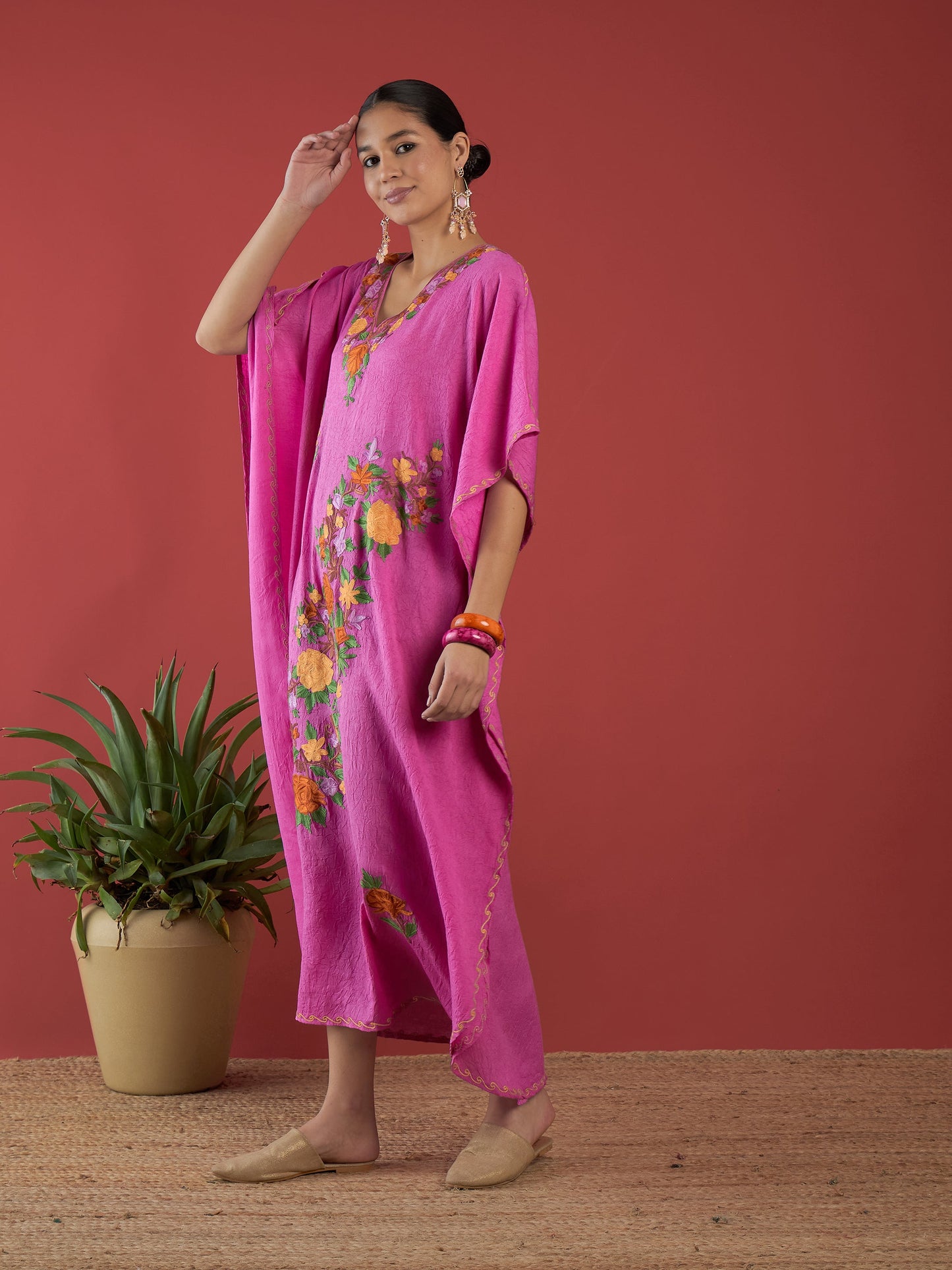 Bubblegum Pink Aari Embroidered Kashmiri Kaftan - Long