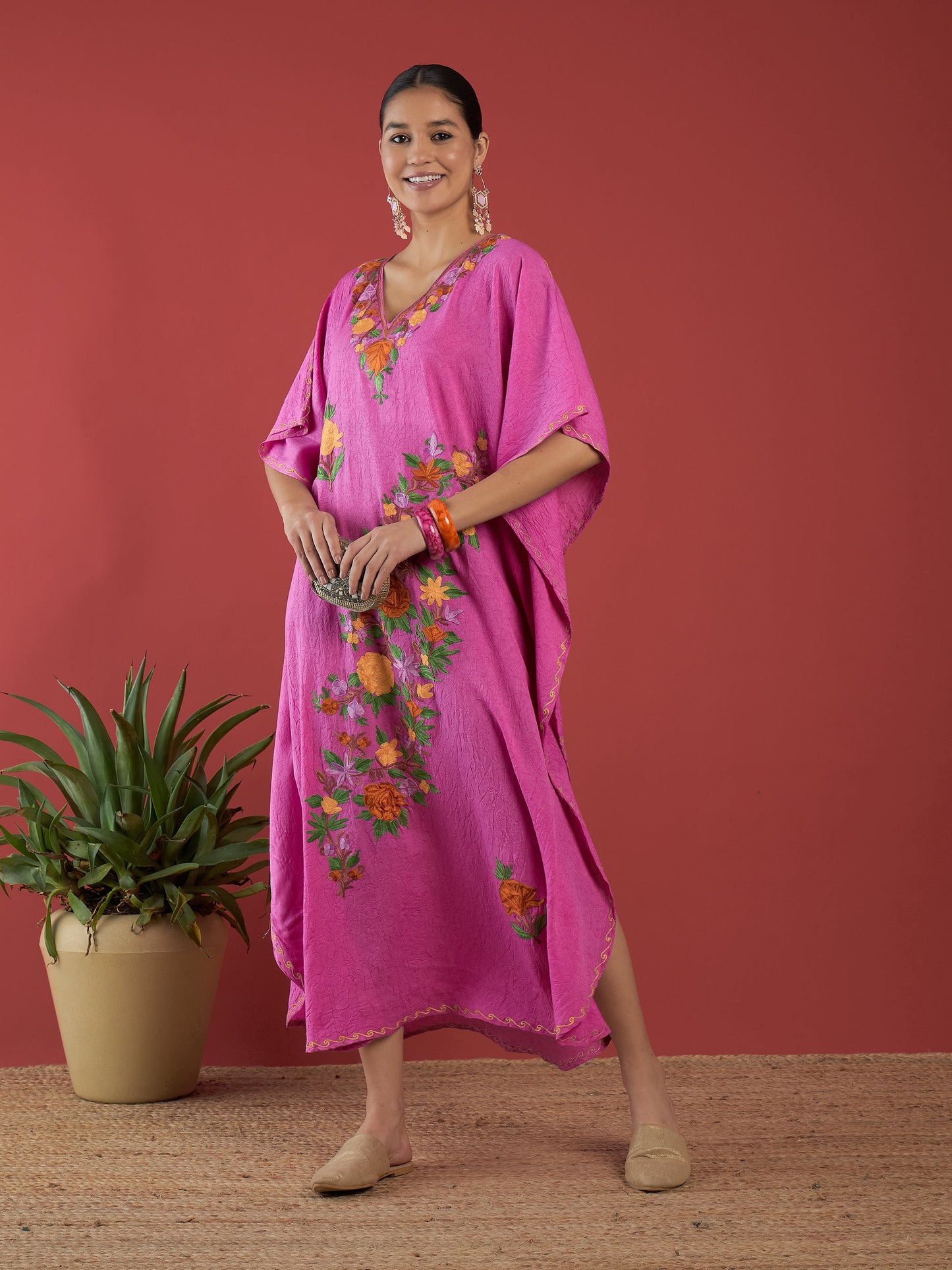 Bubblegum Pink Aari Embroidered Kashmiri Kaftan - Long