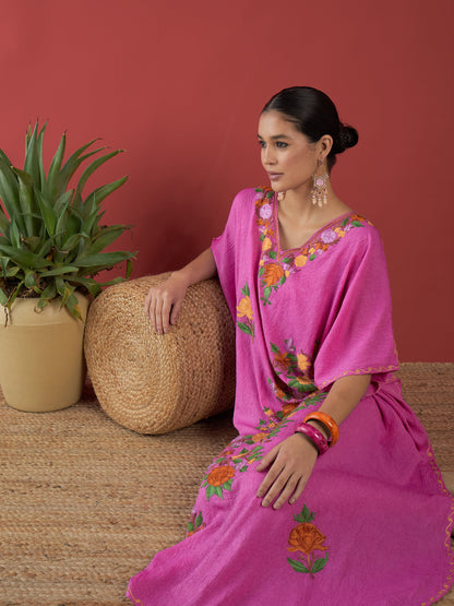 Bubblegum Pink Aari Embroidered Kashmiri Kaftan - Long