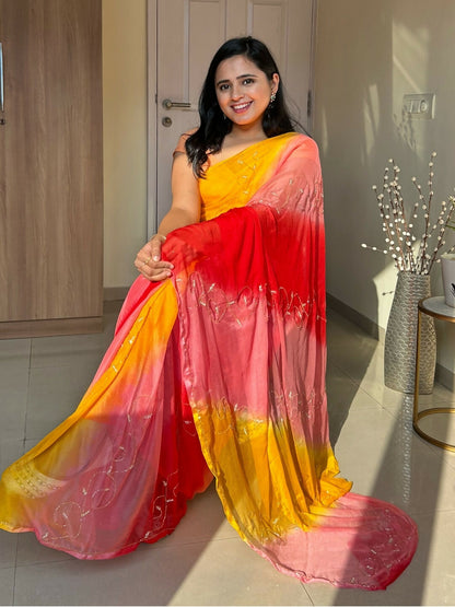 Rani Tri Color Chiffon Saree