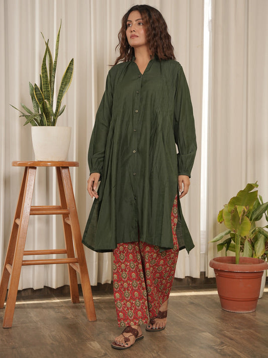 Hara Mohabbat - Pintuck Flared Kurta with Floral Block Print Pants