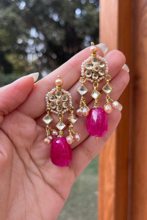 Polki Three Diya Earrings in Pink