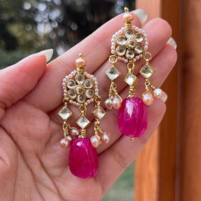 Polki Three Diya Earrings in Pink