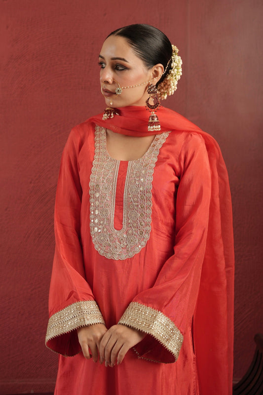 Chaand Hand-dyed Red Silk Zariwork Suit Set