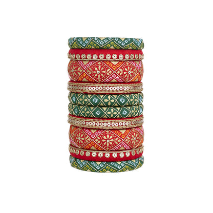 Nishka Red & Green Bandhani Pattern Bangle Set