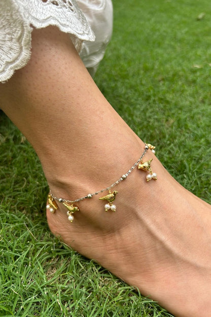 Gold Silver Hummingbird Anklet with Pearls