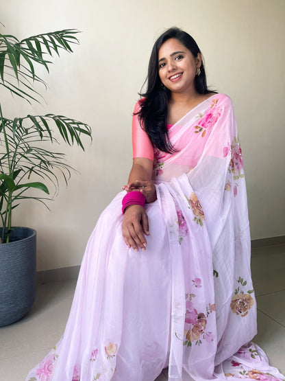 Rose Handpainted Chiffon Saree