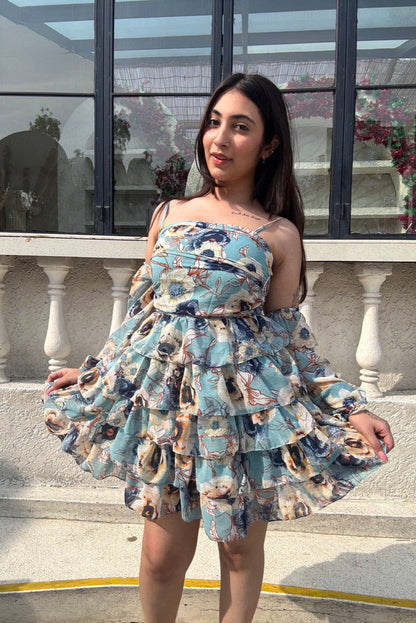 Frozen Flare Dress With Detachable Puff Sleeves