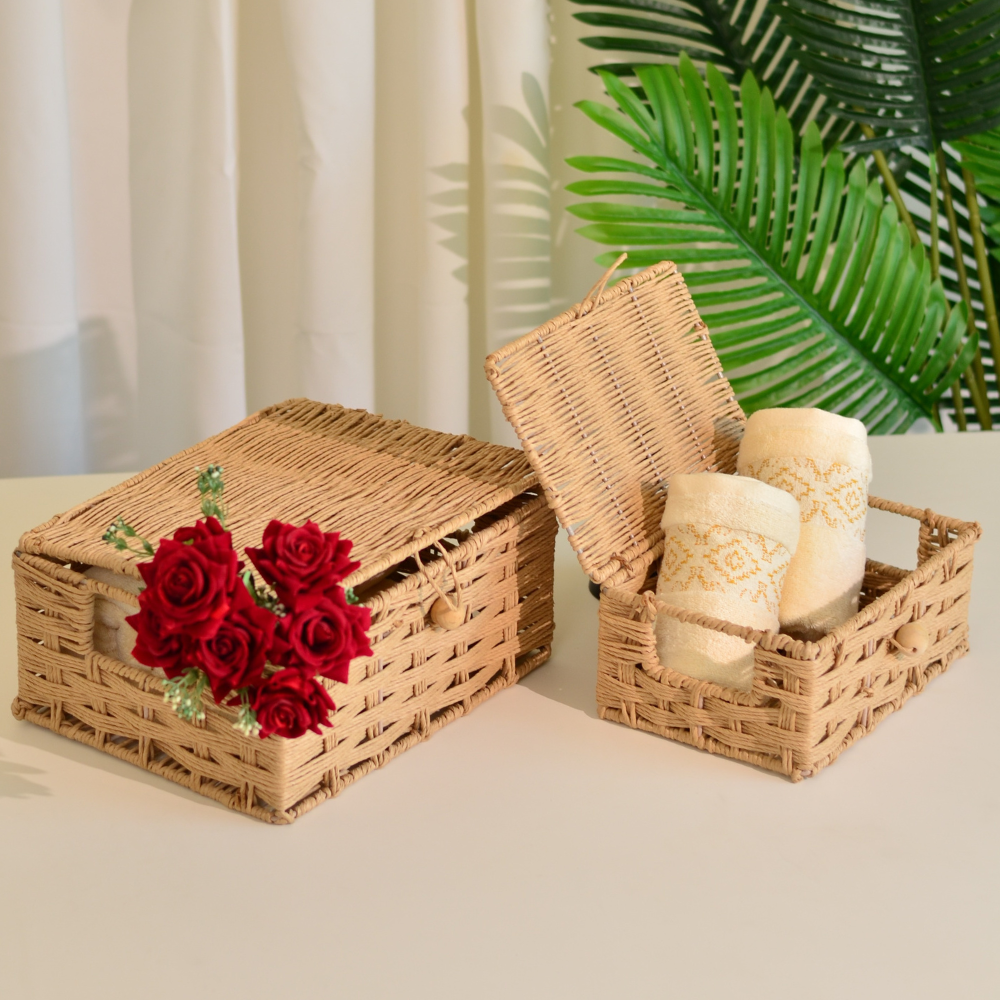 Raffia Storage Boxes with Lid- Set of 2