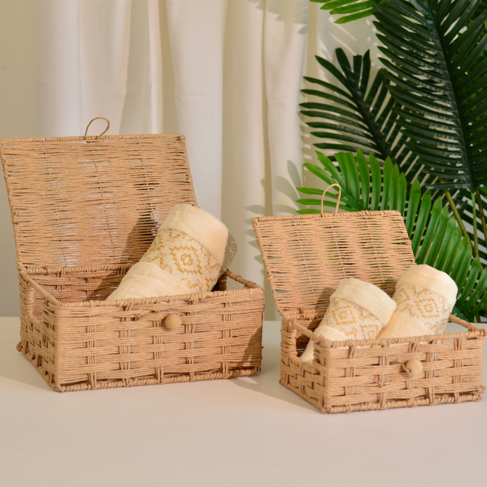 Raffia Storage Boxes with Lid- Set of 2