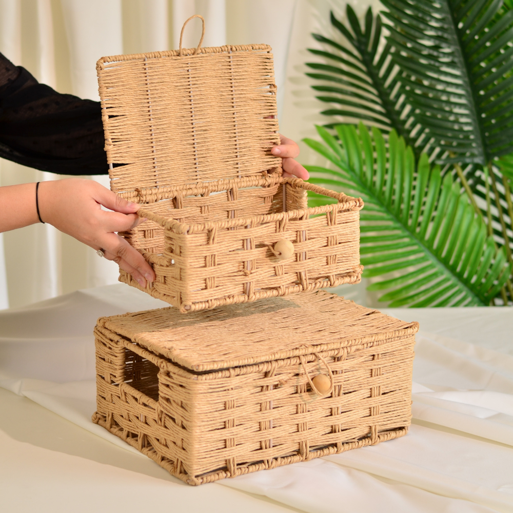 Raffia Storage Boxes with Lid- Set of 2