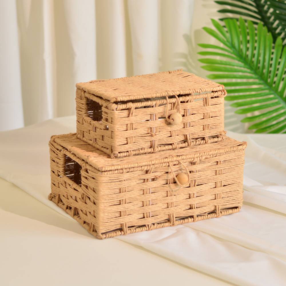 Raffia Storage Boxes with Lid- Set of 2