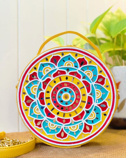 Pink & Blue Mandala Lippan Art Handcrafted Circle Box Bag