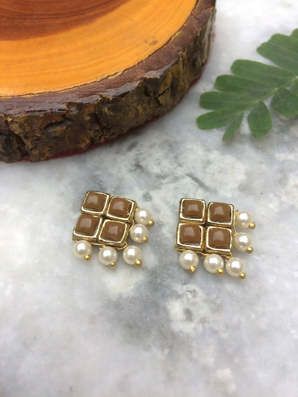 Resin Stone and Pearl Stud Earrings