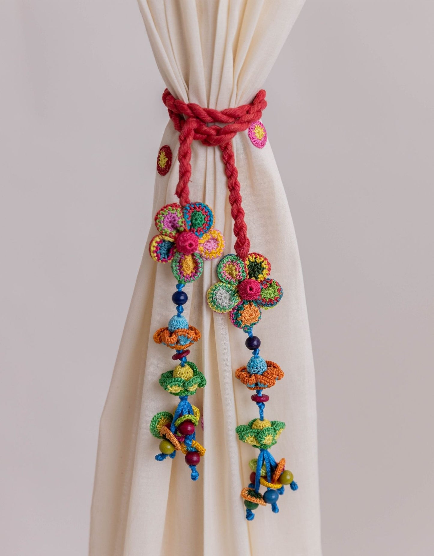 Crochet Curtain Tie Backs Set Kono Multicolour Flower Bead Tassel