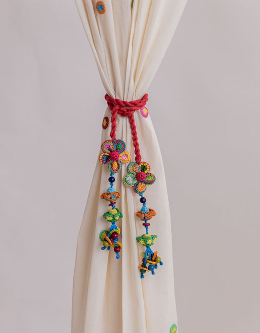Crochet Curtain Tie Backs Set Kono Multicolour Flower Bead Tassel