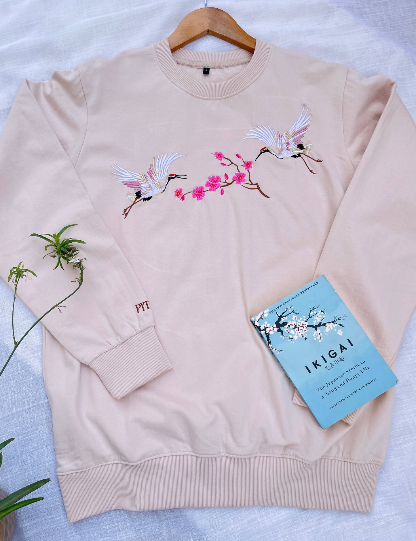 Crown Crane Beige Embroidered Sweatshirt