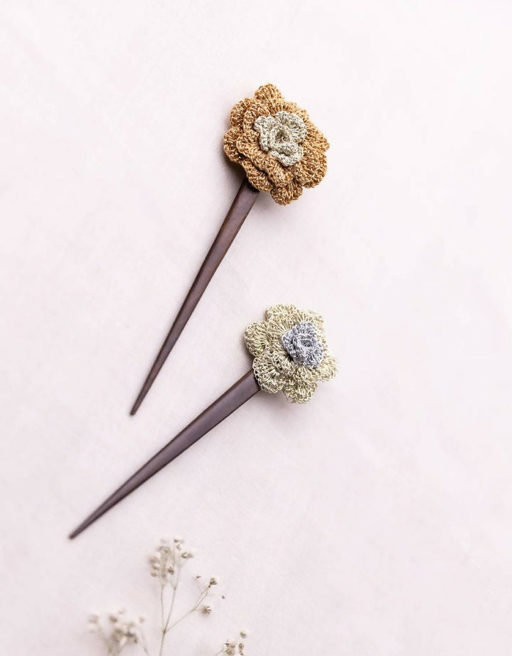 Metallic Zari Flowers Hair Stick (Pair)