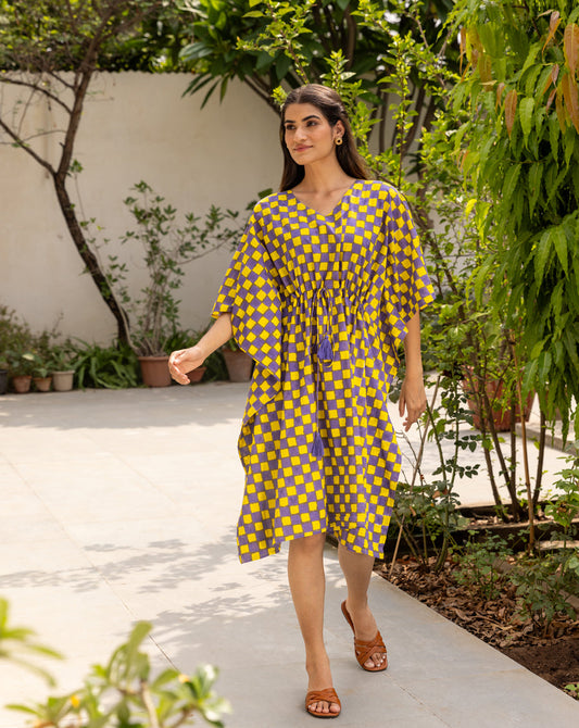 Chequer Hand Block Printed Cotton Midi Kaftan