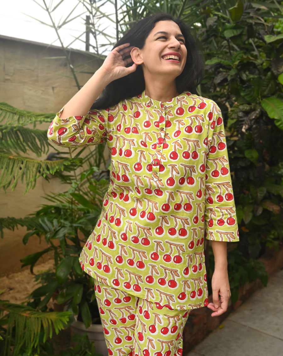 Cherries Short Kurta Pyjama - Soft Cotton Co-ord Set