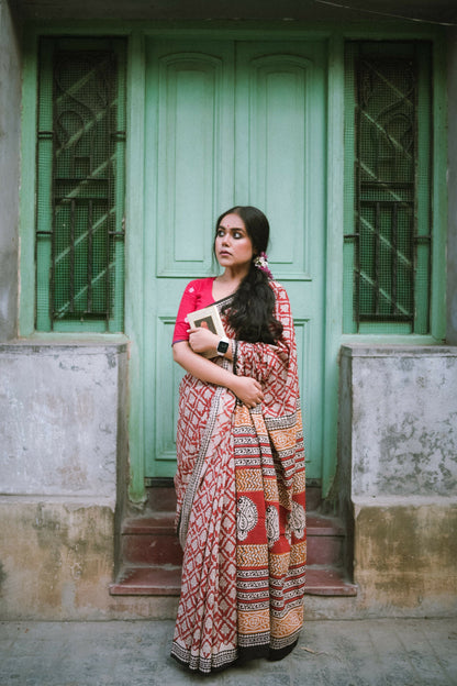 Brick Red Bagru Saree Handblock Print Natural Dyed Mulmul Cotton Saree