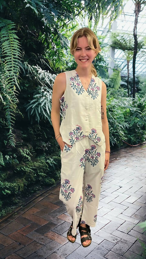 White Mughal Print Sleeveless Waistcoat Blazer & Pants