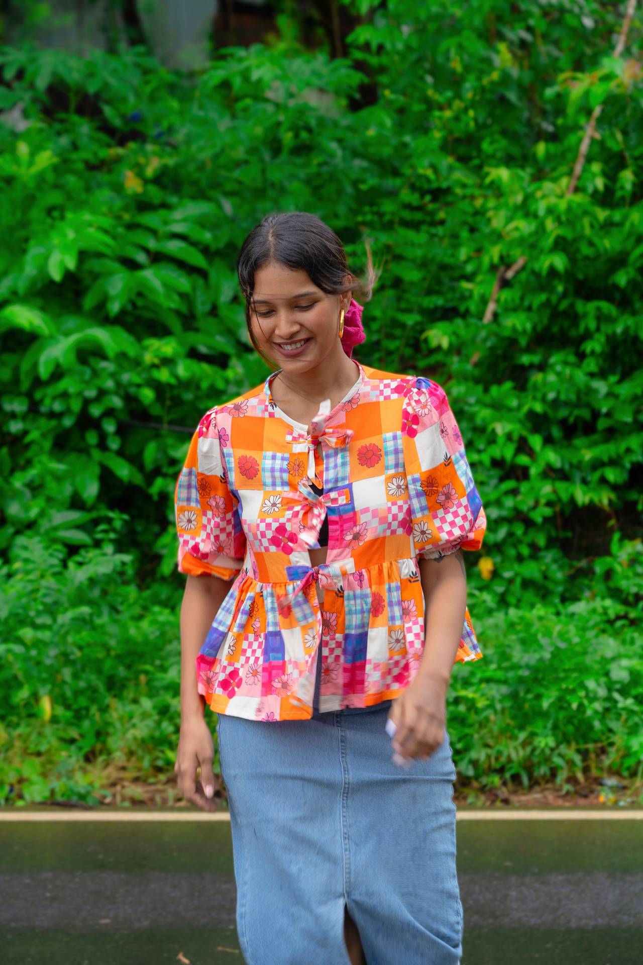 Take a Bow Hippie Trippy Cotton Top With Puff Sleeves