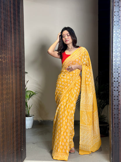 Yellow Poppins Candy Handblock Print Natural Dyed Mulmul Cotton Saree