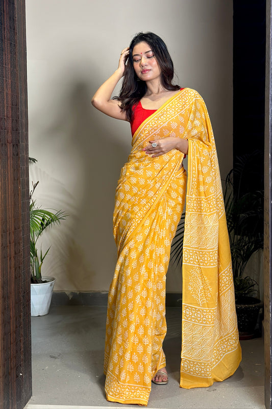 Yellow Poppins Candy Mulmul Cotton Saree