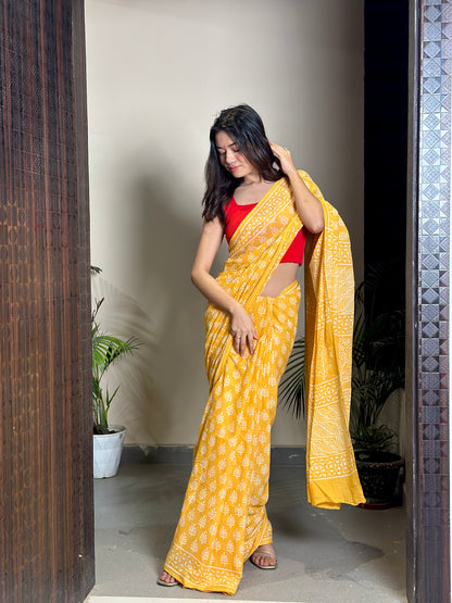 Yellow Poppins Candy Handblock Print Natural Dyed Mulmul Cotton Saree